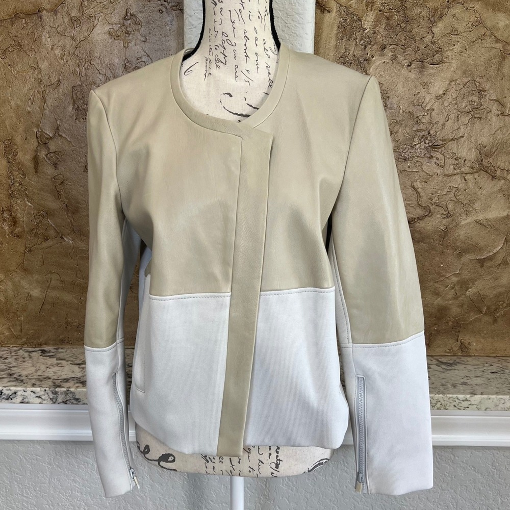 NWT Helmut Lang Motion Leather Combo Jacket Large Husk Neutral Colorblock $895‎